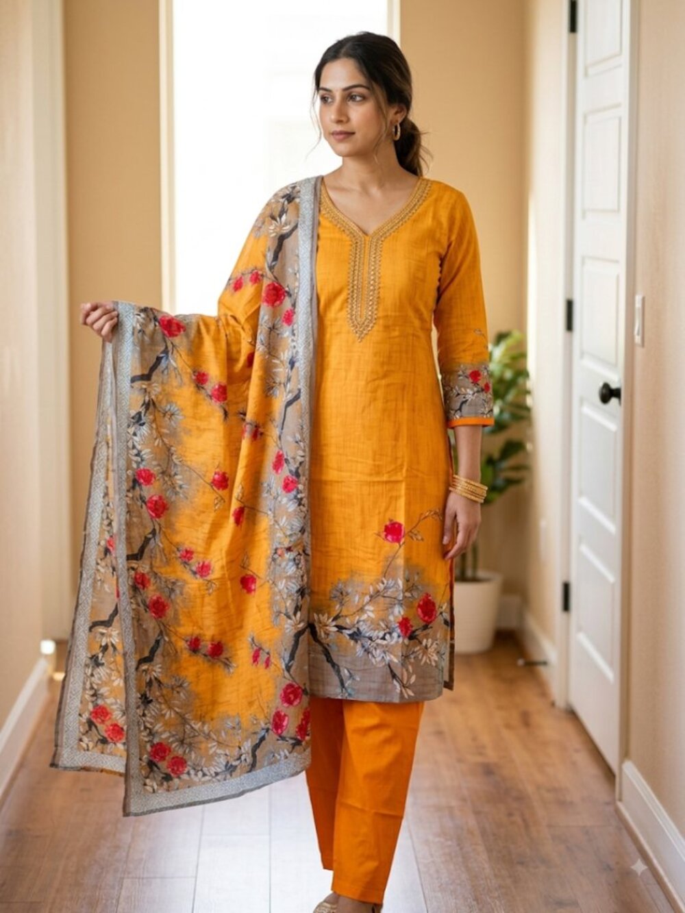 Women's Elegant 3-Piece Mustard Yellow Kurta Set, Embroidered V-Neck Ethnic Tuni